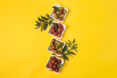 Different fresh olives and green leaves on yellow background, flat lay