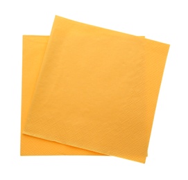 Photo of Yellow clean paper tissues on white background, top view