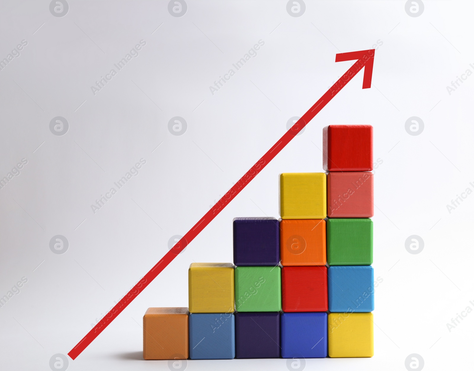 Image of  Career promotion concept. Stairs made of colorful cubes and arrow on white background