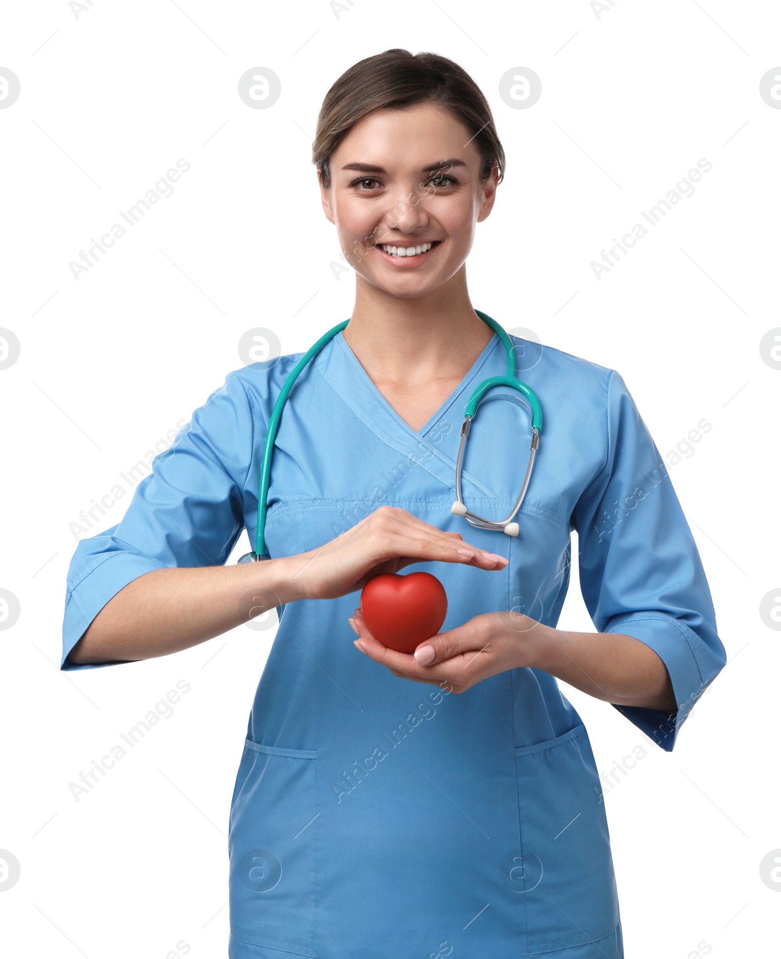 Photo of Doctor with stethoscope and red heart on white background. Cardiology concept