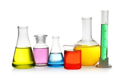 Laboratory glassware with colorful liquids on white background