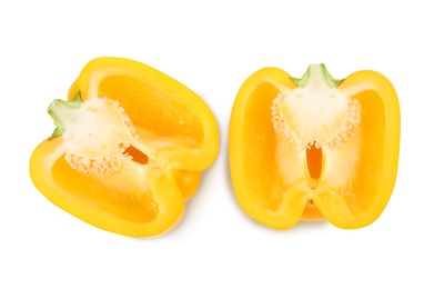 Photo of Halves of yellow bell pepper isolated on white, top view