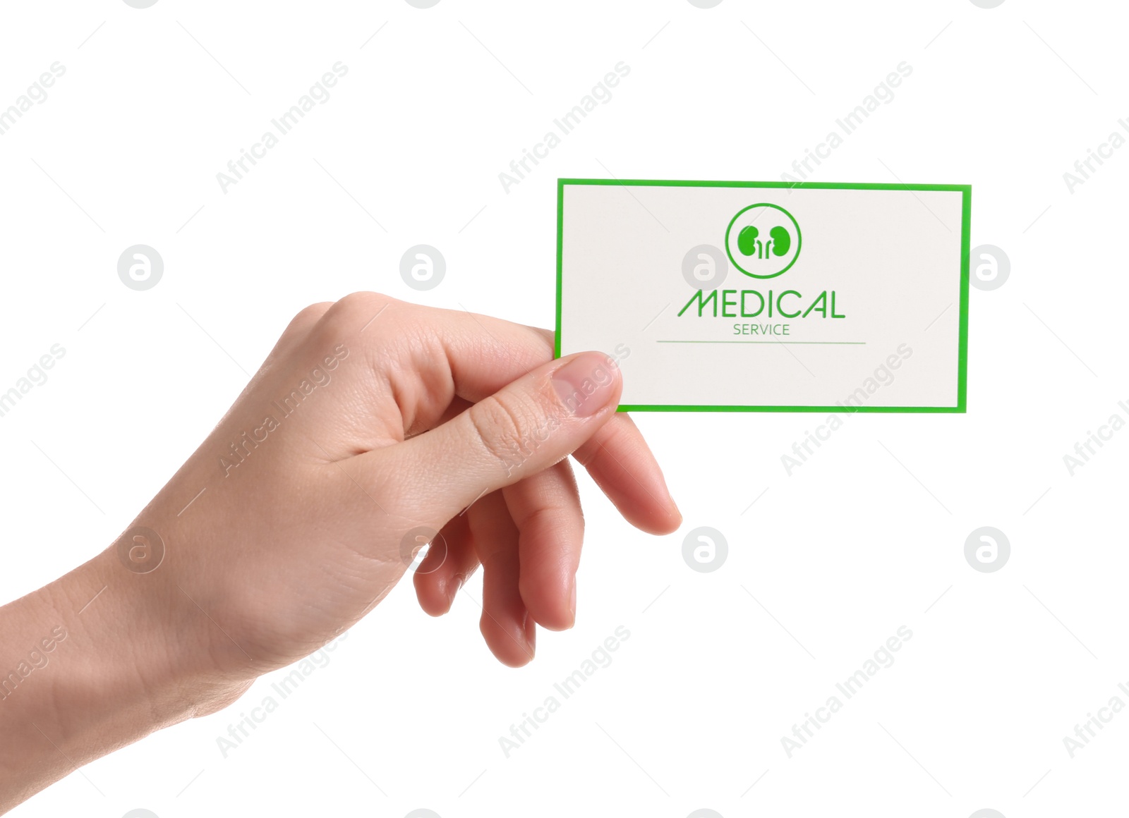 Photo of Woman holding medical business card isolated on white, closeup. Nephrology service