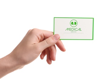 Photo of Woman holding medical business card isolated on white, closeup. Nephrology service