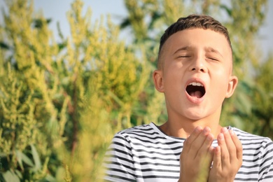 Little boy suffering from ragweed allergy outdoors