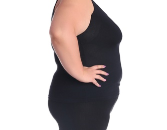 Overweight woman before weight loss on white background