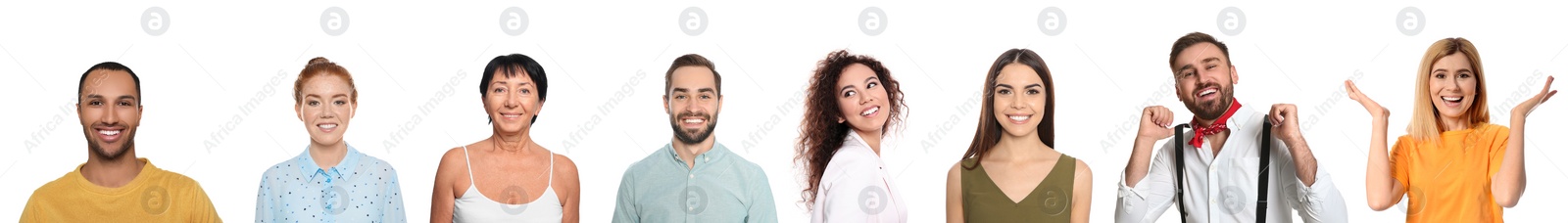 Image of Collage with portraits of happy people on white background