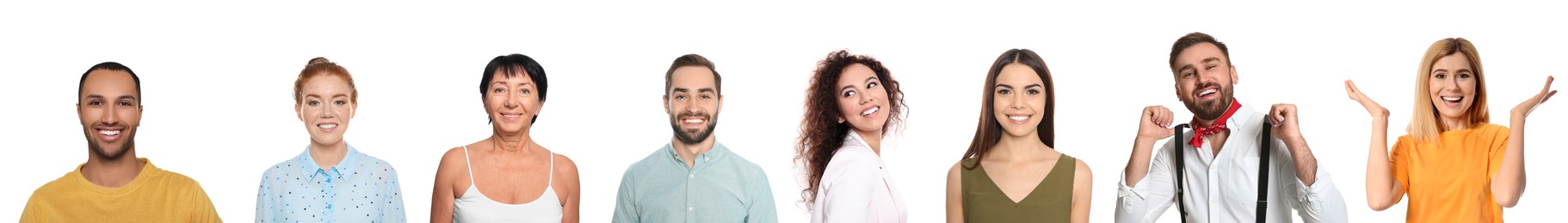 Collage with portraits of happy people on white background