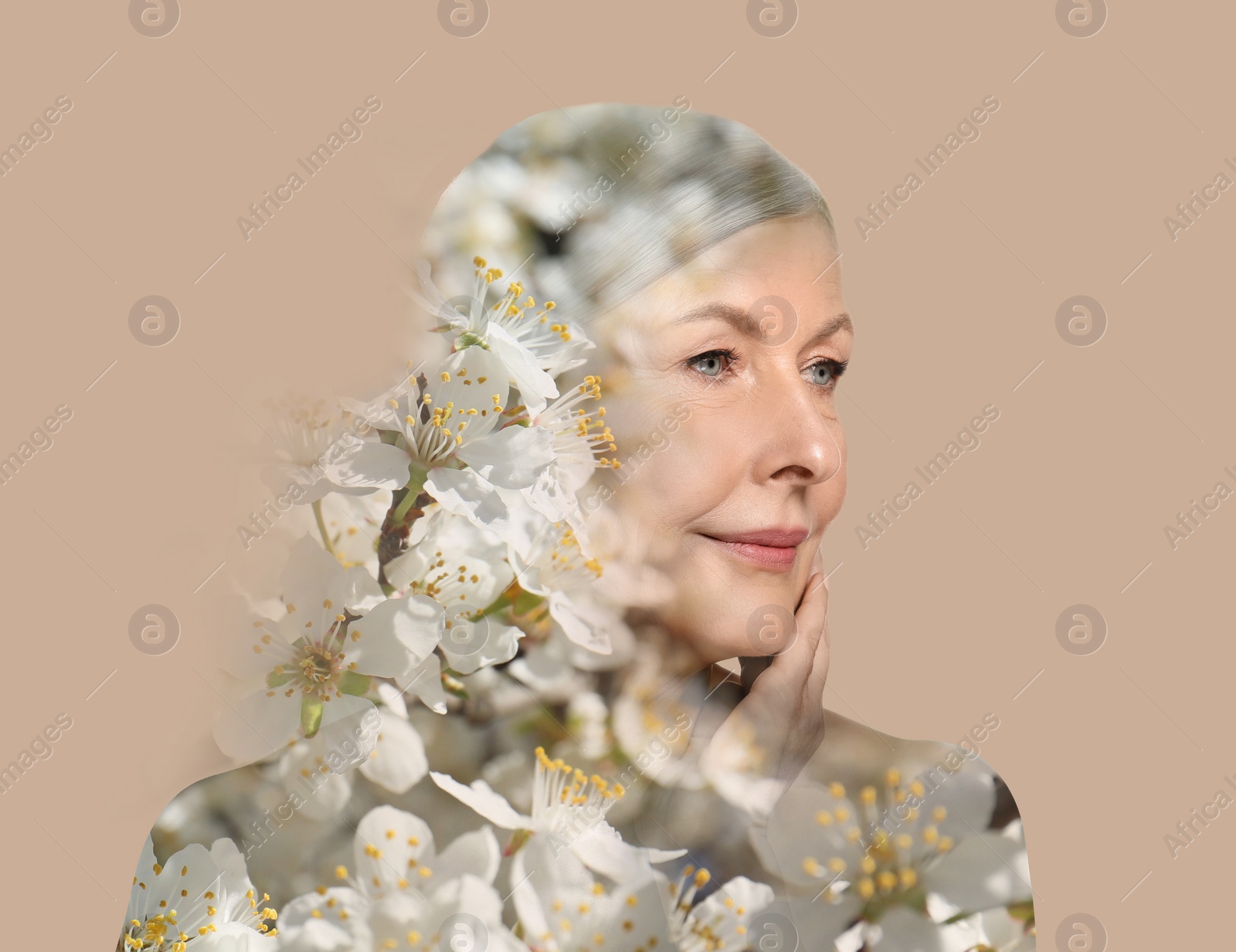 Image of Double exposure of beautiful woman and blooming flowers on color background