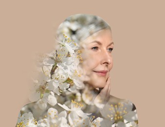 Image of Double exposure of beautiful woman and blooming flowers on color background
