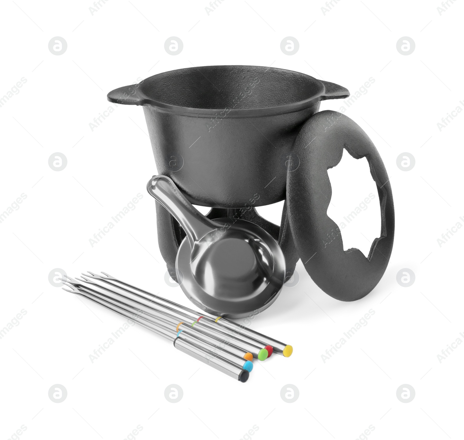 Photo of Fondue set isolated on white. Cooking utensils