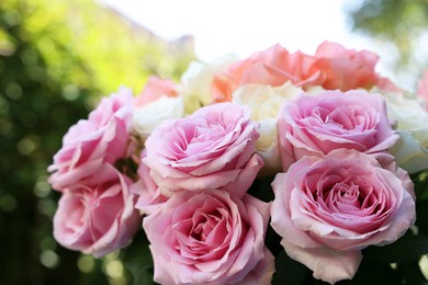 Photo of Beautiful bouquet of aromatic roses outdoors, closeup