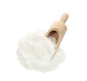 Photo of Organic flour and wooden scoop isolated on white