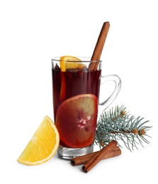 Photo of Cup with red mulled wine on white background