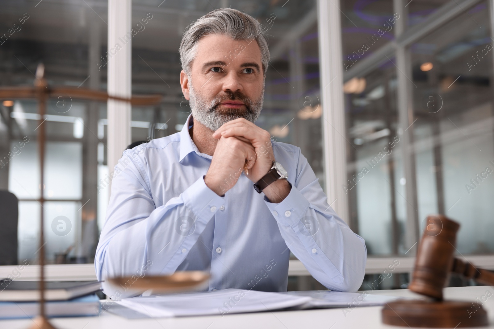 Photo of Portrait of handsome lawyer at table in office