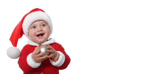 Cute baby wearing Christmas costume on white background. Banner design