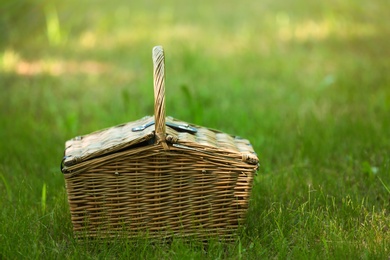 Photo of Wicker basket on green grass in park, space for text. Summer picnic