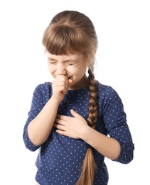 Photo of Little girl coughing on white background