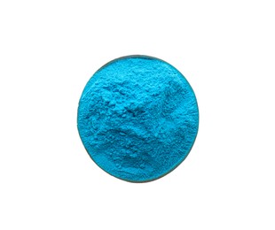 Light blue powder in bowl isolated on white, top view. Holi festival celebration