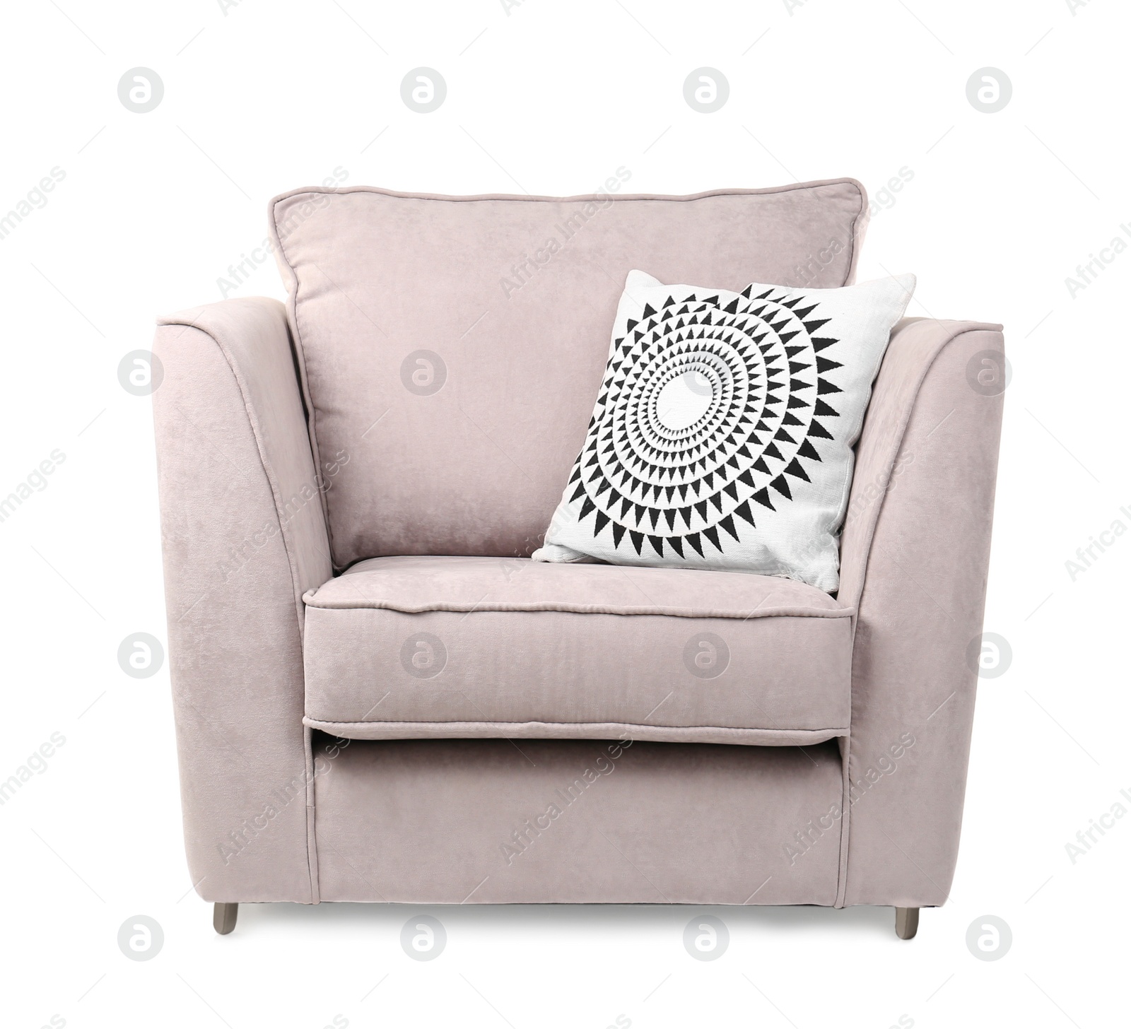 Photo of Comfortable armchair with pillow on white background