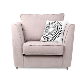 Photo of Comfortable armchair with pillow on white background