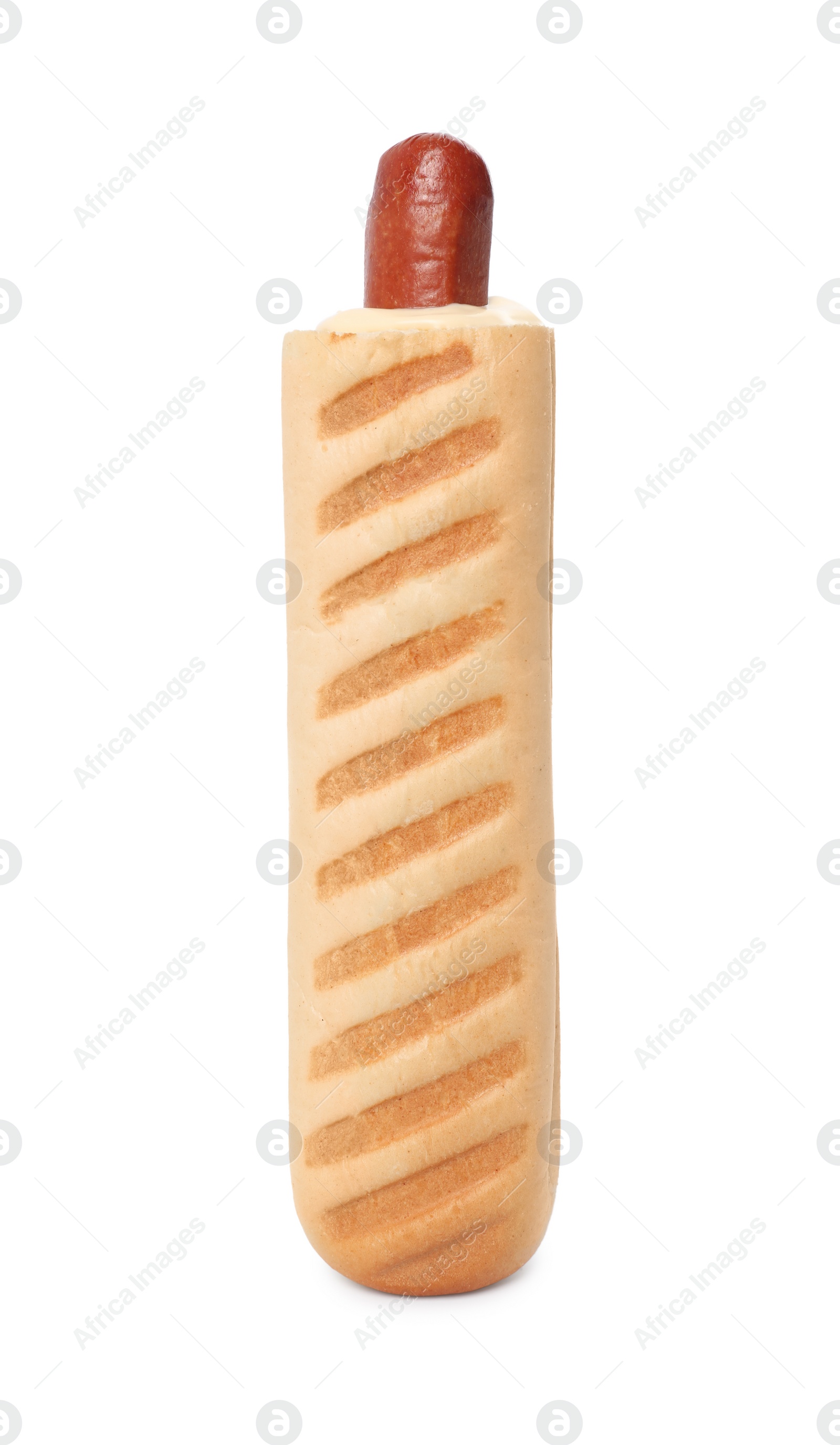 Photo of Tasty french hot dog with sauce isolated on white