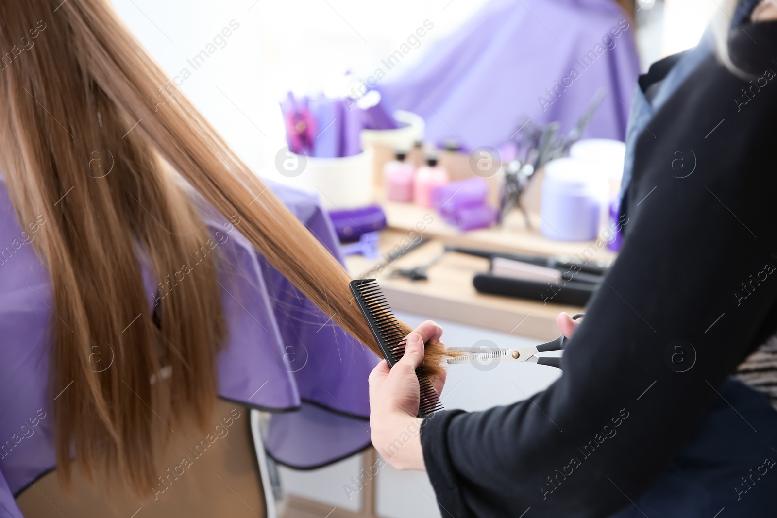 Photo of Professional hairdresser working with client in salon