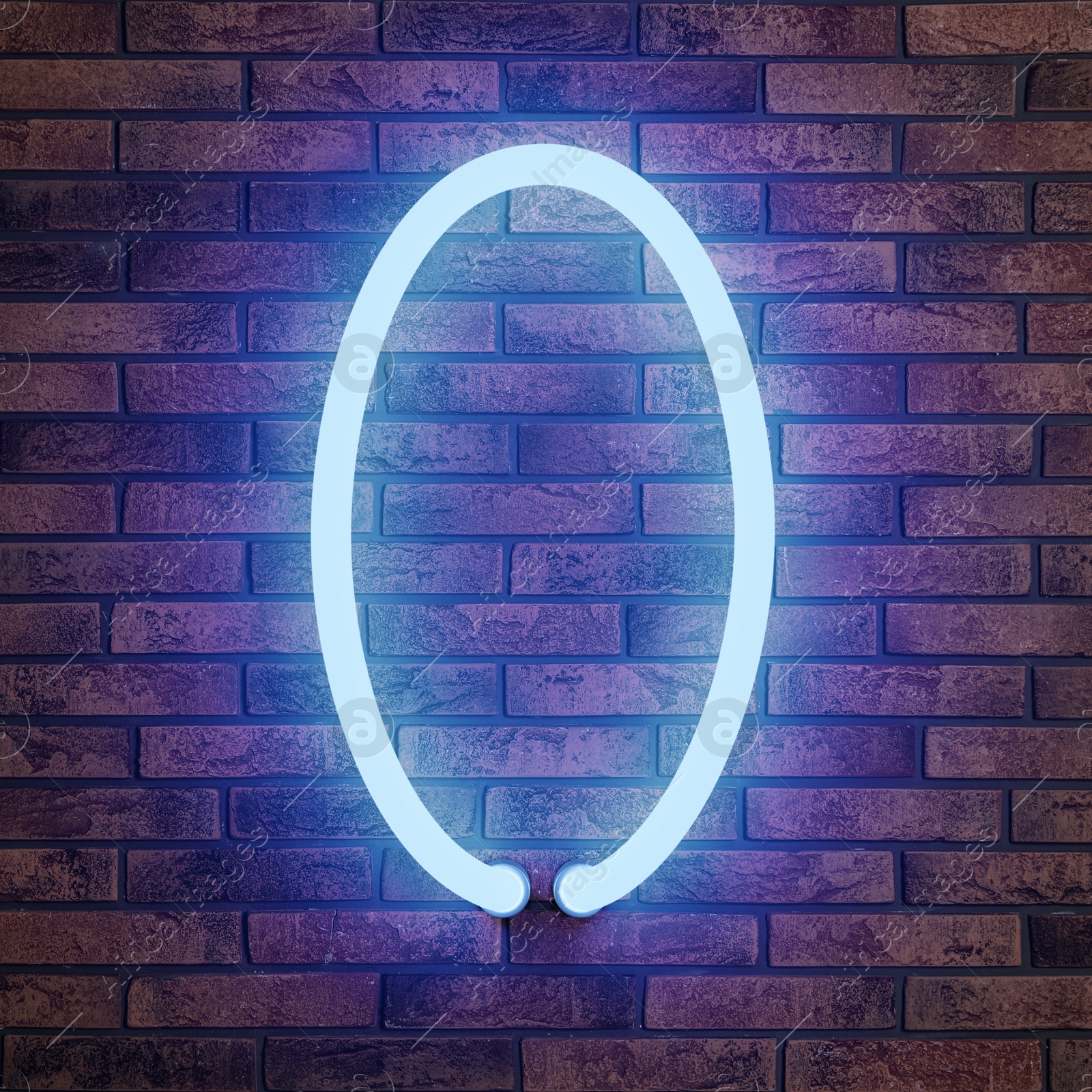 Image of Glowing neon number 0 sign on brick wall