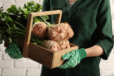 Photo of Woman holding wooden crate with raw celery roots near white brick wall, closeup