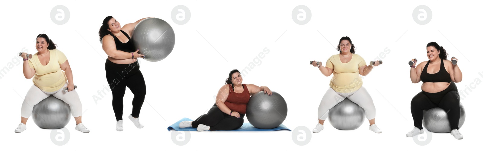 Image of Collage of overweight woman with fitball doing exercises on white background. Banner design