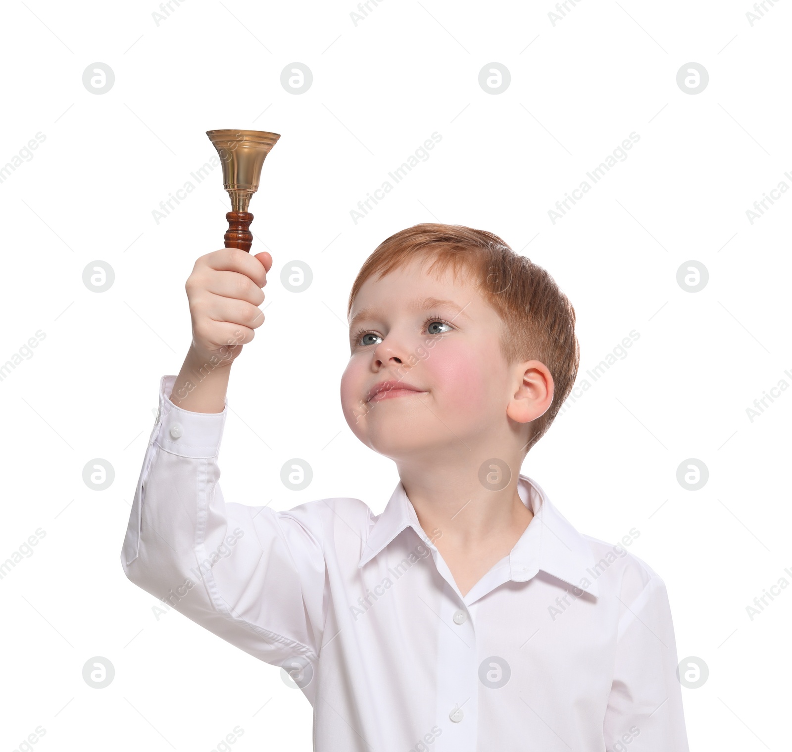 Photo of Pupil with school bell on white background