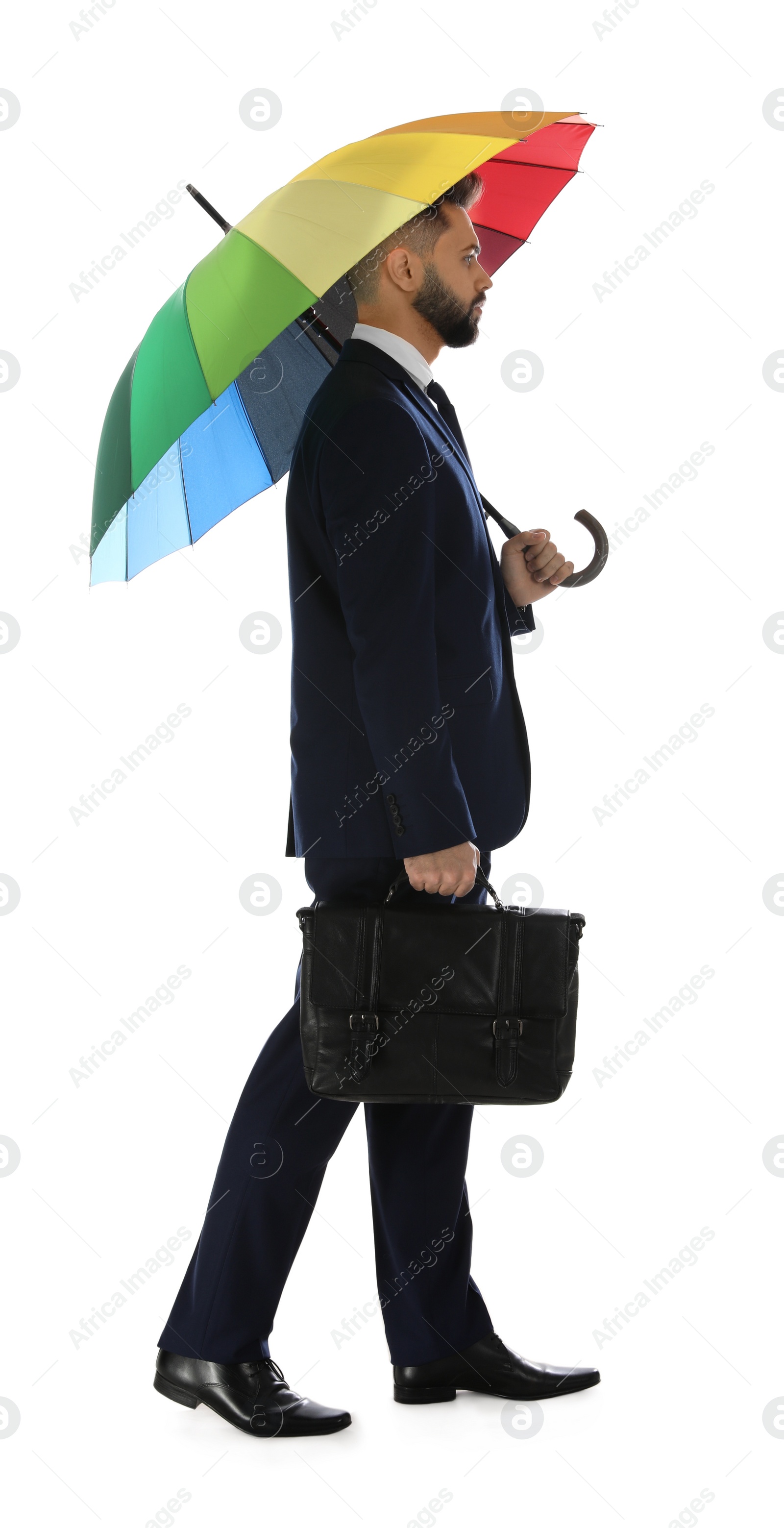 Photo of Businessman with rainbow umbrella on white background