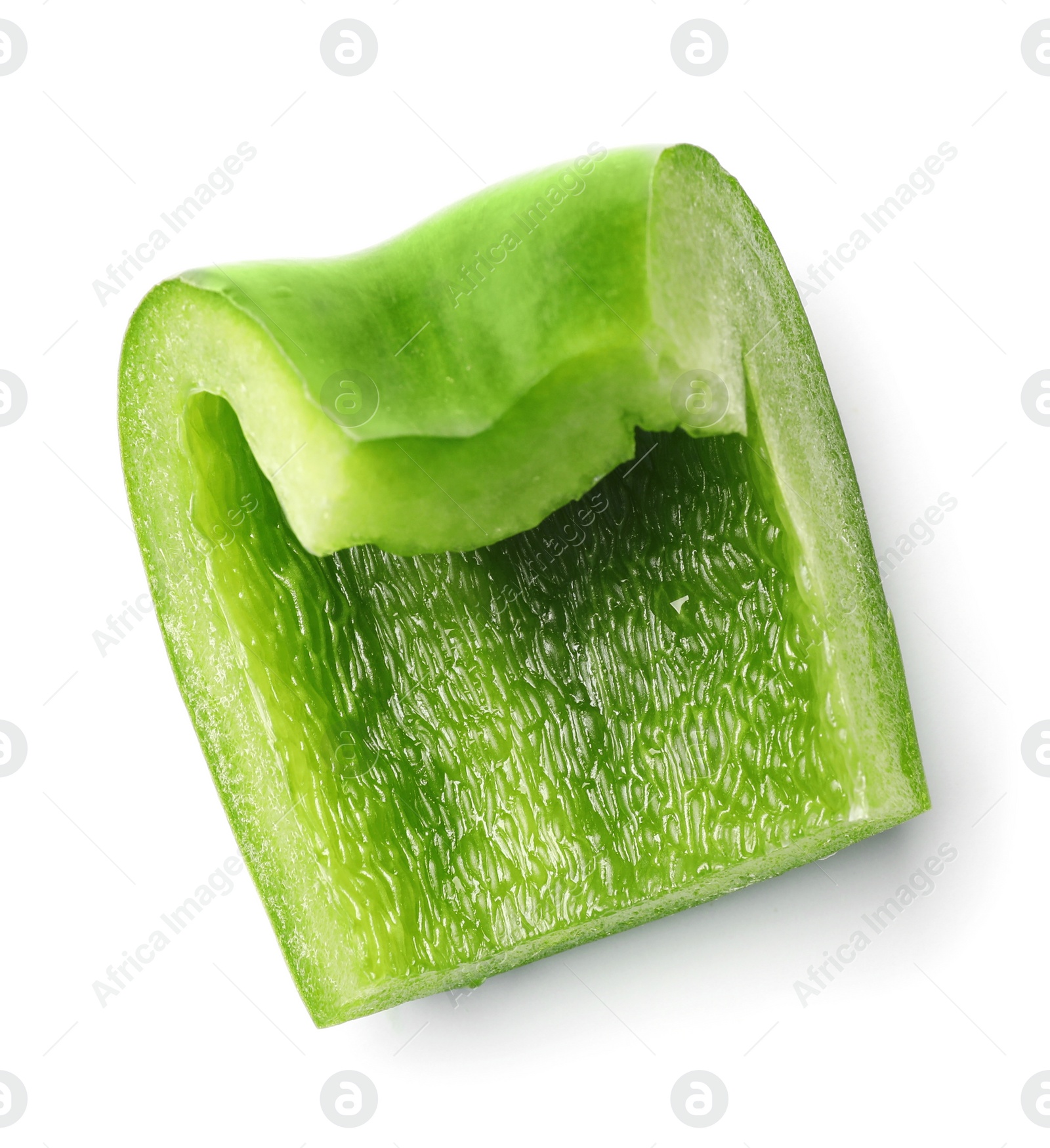 Photo of Slice of fresh green bell pepper on white background, top view