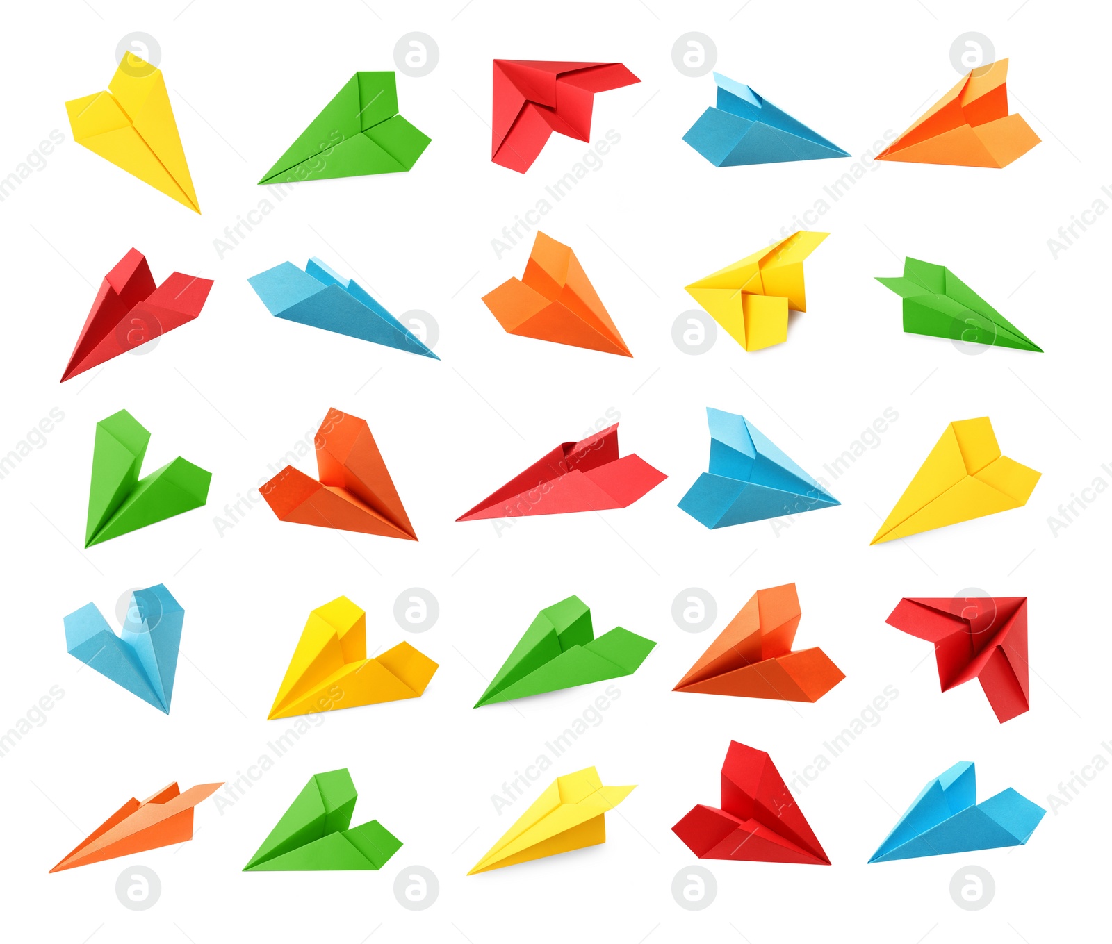 Image of Set with handmade different color paper planes on white background