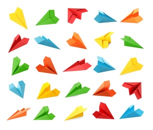 Image of Set with handmade different color paper planes on white background