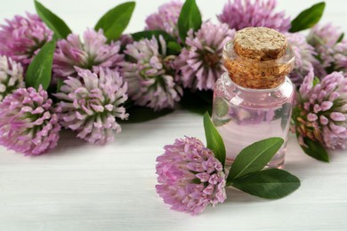 Photo of Beautiful clover flowers and essential oil on white wooden table, closeup