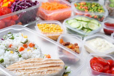 Set of containers with fresh food on white table, closeup