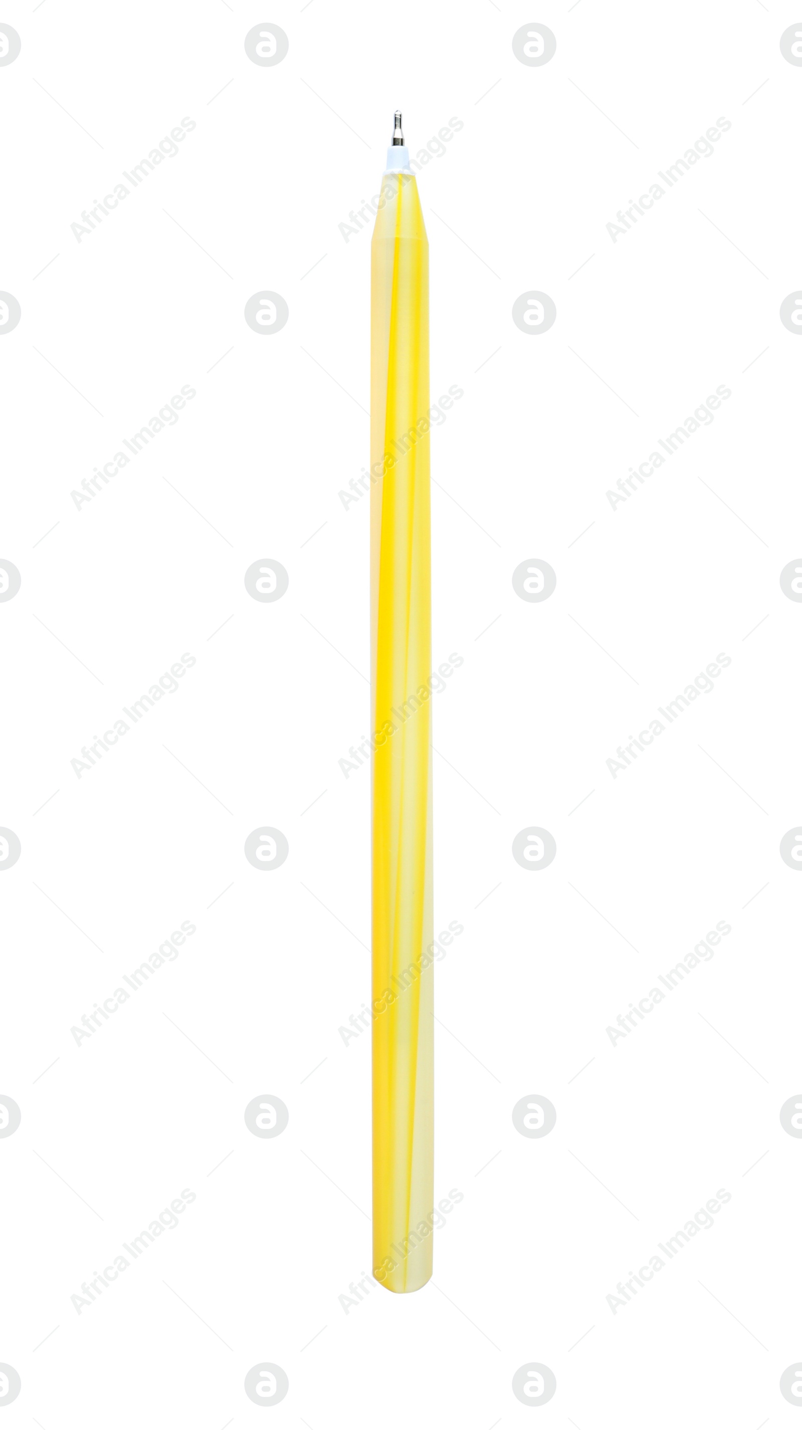 Photo of New ballpoint pen isolated on white, top view. School stationery