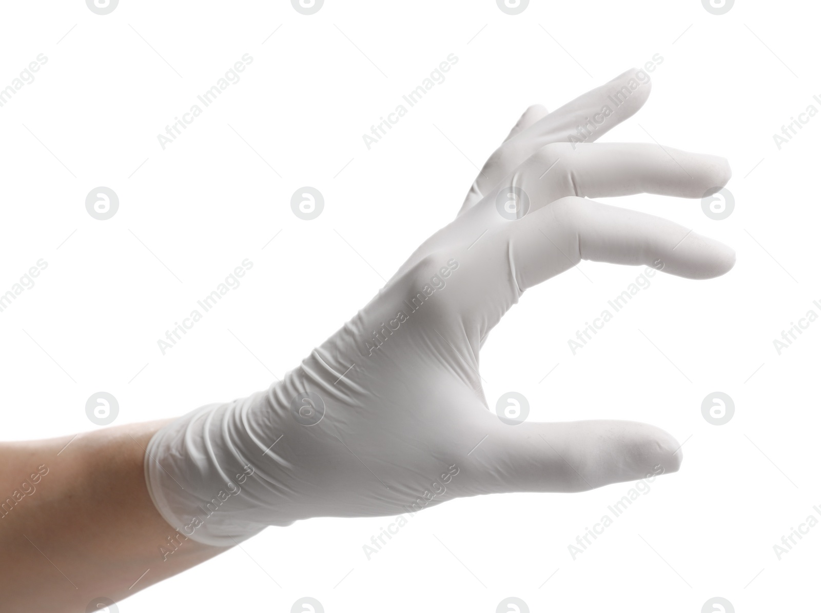 Photo of Woman wearing medical glove on white background, closeup