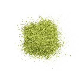 Pile of green matcha powder isolated on white, top view