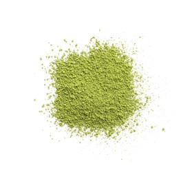 Photo of Pile of green matcha powder isolated on white, top view