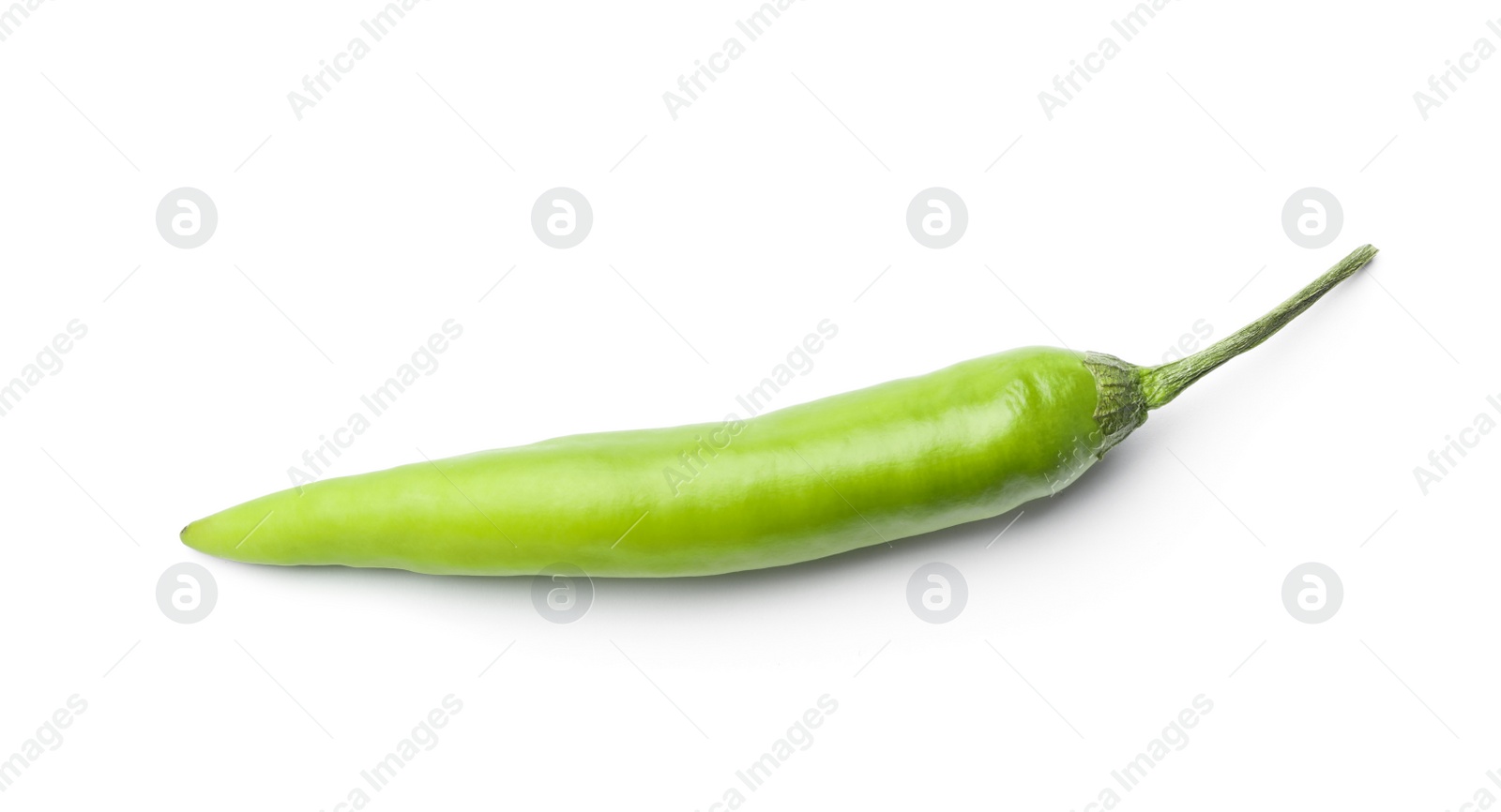 Photo of Ripe green hot chili pepper on white background, top view