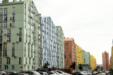 KYIV, UKRAINE - MAY 21, 2019: Modern housing estate COMFORT TOWN in Dniprovskyi district on sunny day