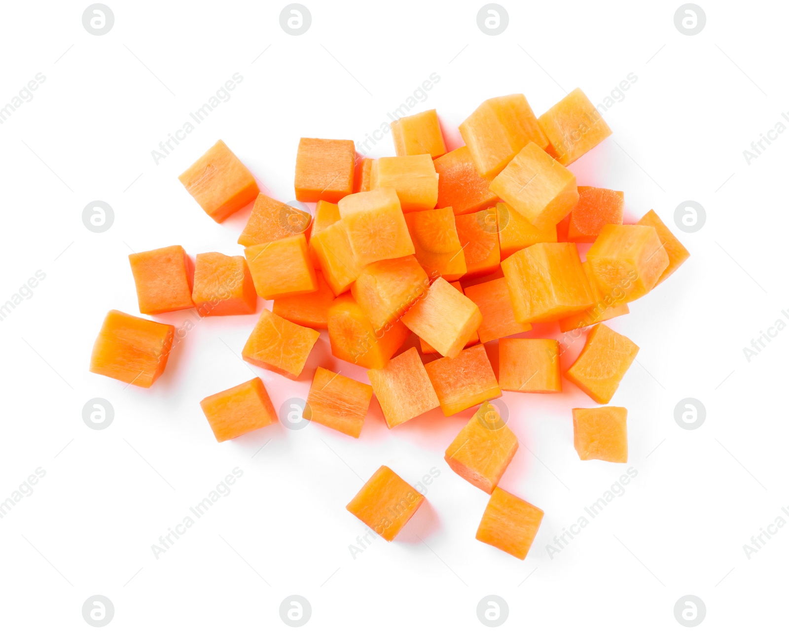 Photo of Fresh ripe diced carrot on white background, top view