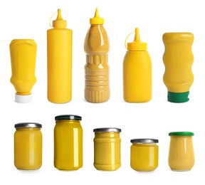 Image of Set with different plastic bottles and glass jars of spicy mustard on white background