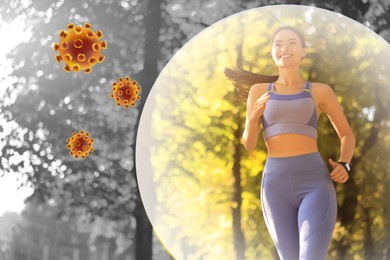 Image of Happy woman with strong immunity running outdoors. Bubble around her blocking viruses, illustration