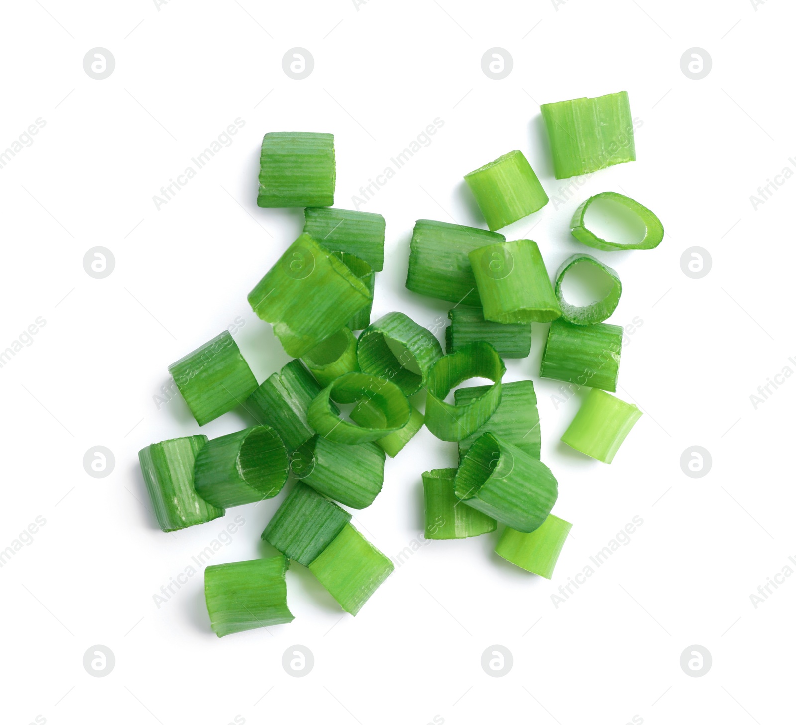 Photo of Pile of fresh green onion on white background, top view