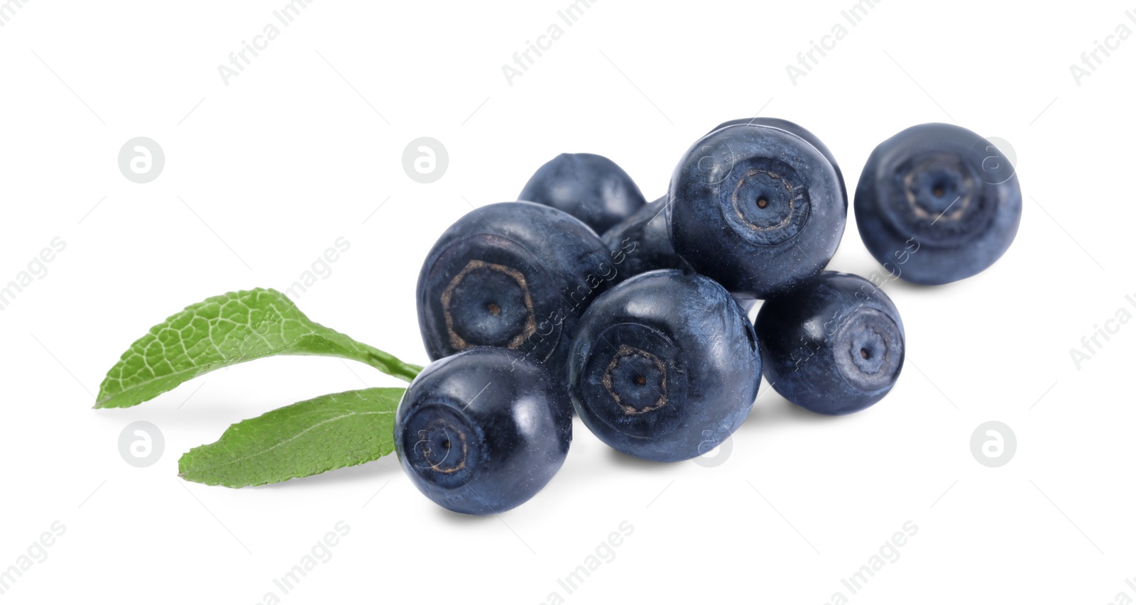 Photo of Tasty ripe bilberries and green leaves isolated on white