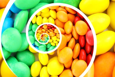 Whirl of many colorful candies as background