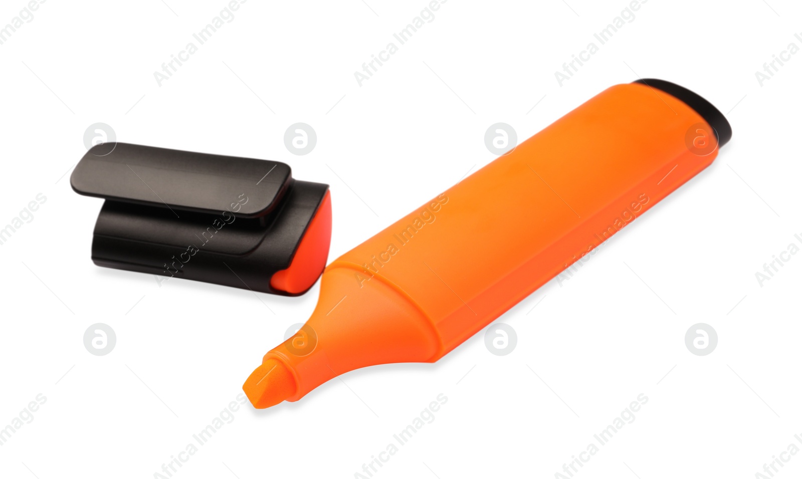 Photo of Bright orange marker isolated on white. Office stationery